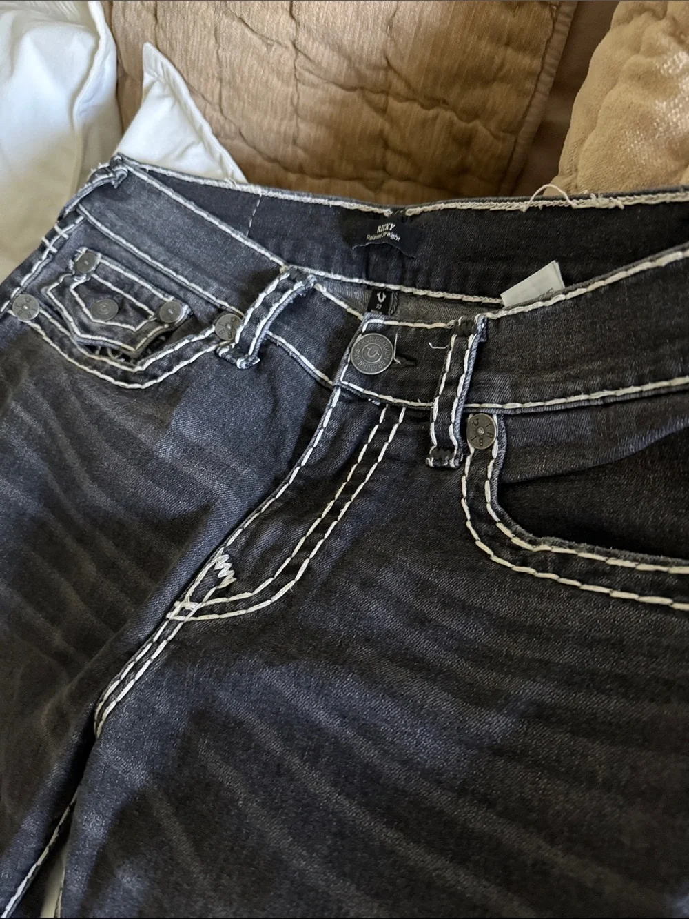 True Religion men’s  Charcoal  Jeans with White Contrast Stitching